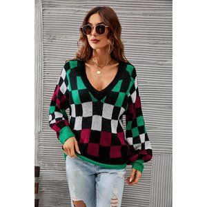 Checkered V-Neck Lantern Sleeve Sweater